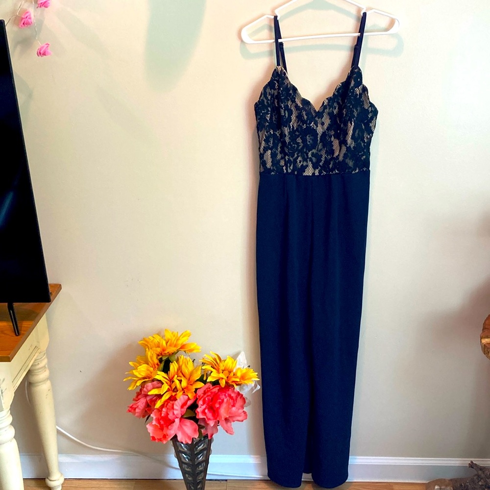 Mi ami-Navy blue jumpsuit with lace bodice.
